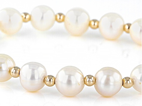 White Cultured Freshwater Pearl 10k Yellow Gold Bead Accent Stretch Bracelet