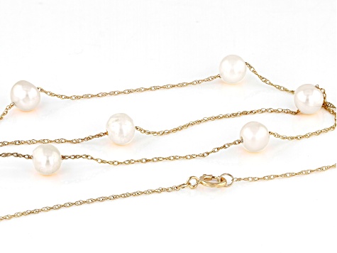 White Cultured Freshwater Pearl 10k Yellow Gold 18 Inch Station Necklace