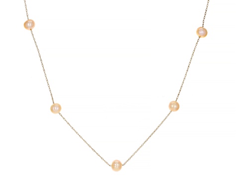 Pink Cultured Freshwater Pearl 10k Yellow Gold 18 Inch Station Necklace