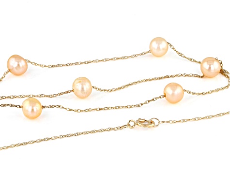 Pink Cultured Freshwater Pearl 10k Yellow Gold 18 Inch Station Necklace