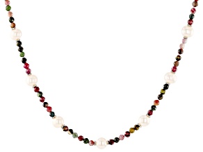 White Cultured Freshwater Pearl and Multi-Color Tourmaline Rhodium Over Sterling Silver Necklace