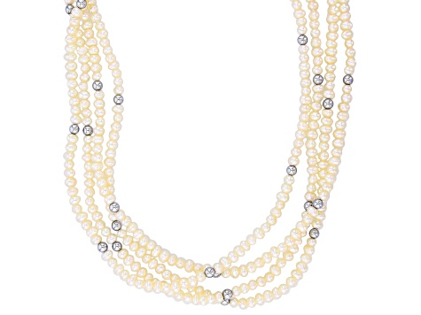White Cultured Freshwater Pearl And Hematine Rhodium Over Sterling Silver Multi Row Necklace