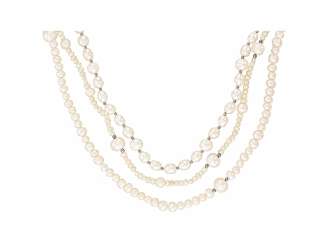 White Cultured Freshwater Pearl Rhodium Over Sterling Silver Triple Row 20 Inch Necklace