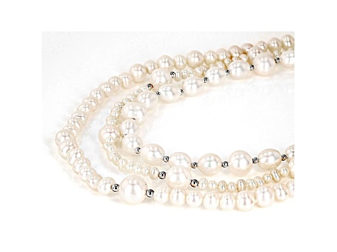 White Cultured Freshwater Pearl Rhodium Over Sterling Silver Triple Row 20 Inch Necklace