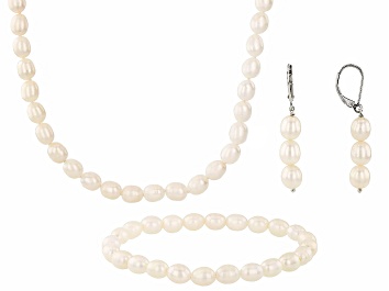 Picture of White Cultured Freshwater Pearl Rhodium Over Sterling Silver Necklace, Bracelet, and Earring Set