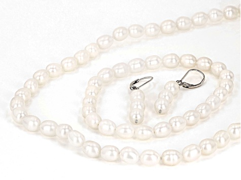 White Cultured Freshwater Pearl Rhodium Over Sterling Silver Necklace, Bracelet, and Earring Set