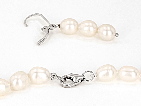 White Cultured Freshwater Pearl Rhodium Over Sterling Silver Necklace, Bracelet, and Earring Set