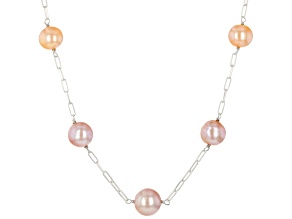 Multi-Color Cultured Freshwater Pearl Rhodium Over Sterling Silver Station Necklace