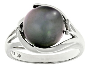 Cultured Tahitian Pearl With White Topaz Rhodium Over Sterling Silver Ring