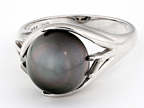 Cultured Tahitian Pearl With White Topaz Rhodium Over Sterling Silver Ring