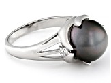 Cultured Tahitian Pearl With White Topaz Rhodium Over Sterling Silver Ring