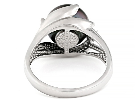 Cultured Tahitian Pearl With White Topaz Rhodium Over Sterling Silver Ring