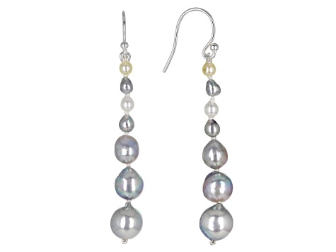 Multi-Color Cultured Akoya Pearl Rhodium Over Sterling Silver Graduated Earrings