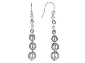 Multi-Color Cultured Akoya Pearl Rhodium Over Sterling Silver Graduated Pearl Earrings