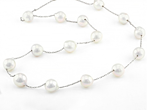 White Cultured Japanese Akoya Pearl Rhodium Over Sterling Silver Necklace