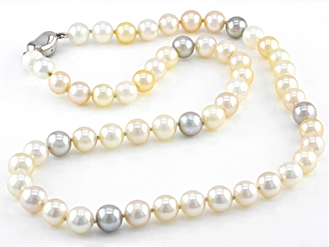 Multi-Color Cultured Japanese Akoya Pearl Rhodium Over Sterling Silver 18 Inch Necklace