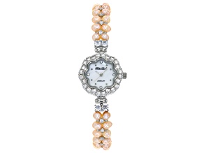 Peach Cultured Freshwater Pearl & Cubic Zirconia Rhodium Over Brass Wrist Watch