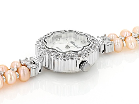 Peach Cultured Freshwater Pearl & Cubic Zirconia Rhodium Over Brass Wrist Watch