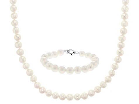 White Cultured Freshwater Pearl Rhodium Over Sterling Silver Necklace And Bracelet Set