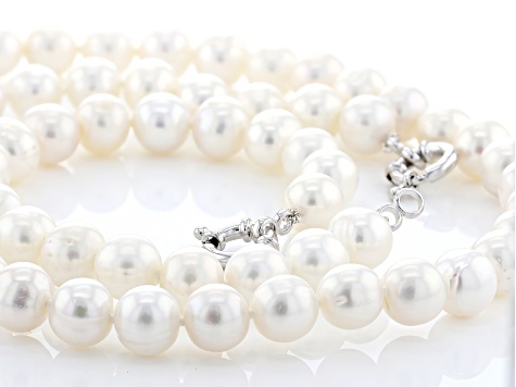 White Cultured Freshwater Pearl Rhodium Over Sterling Silver Necklace And Bracelet Set