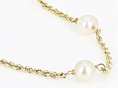 White Cultured Freshwater Pearl 10k Gold 18 Inch Station Necklace