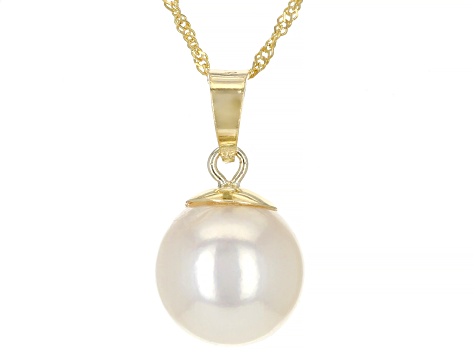 White Cultured Japanese Akoya Pearl 14k Yellow Gold Pendant And Chain