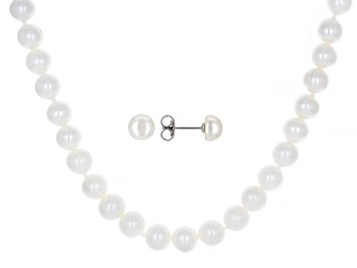 White Cultured Freshwater Pearl Rhodium Over Sterling Silver 18 Inch Necklace And Earring Set