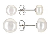 White Cultured Freshwater Pearl Rhodium Over Sterling Silver Earrings Set of Two