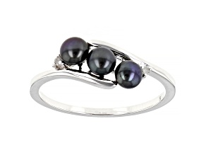 Black Cultured Freshwater Pearl And White Diamond Accent Rhodium Over Sterling Silver Ring