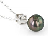 Cultured Tahitian Pearl and White Topaz Rhodium Over Sterling Silver Pendant and Chain