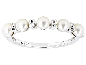 White Cultured Freshwater Pearl And White Topaz Rhodium Over Sterling Silver Ring