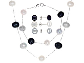 Mutli-Color Cultured Freshwater Pearl Rhodium Over Sterling Necklace Bracelet And Earring Set