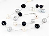 Mutli-Color Cultured Freshwater Pearl Rhodium Over Sterling Necklace Bracelet And Earring Set