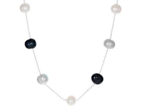 Mutli-Color Cultured Freshwater Pearl Rhodium Over Sterling Necklace Bracelet And Earring Set