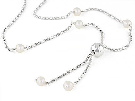 White Cultured Freshwater Pearl Rhodium Over Sterling Silver Necklace ...