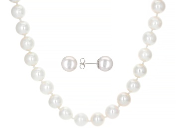 Picture of White Cultured Freshwater Pearl Rhodium Over Sterling Silver Necklace And Earring Set
