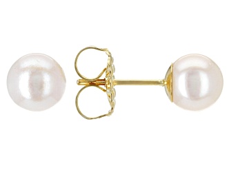 White Cultured Japanese Akoya Pearl 14k Yellow Gold Stud Earrings