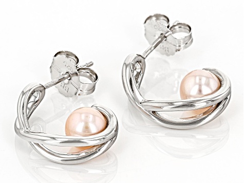 Peach Cultured Freshwater Pearl Rhodium Over Sterling Silver Earrings