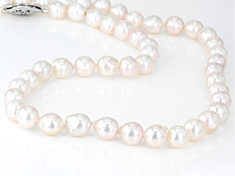 White Cultured Japanese Akoya Pearl Rhodium Over Sterling Silver Necklace