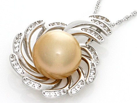 Golden Cultured South Sea Pearl And White Topaz Accents Rhodium Over Sterling Silver Pendant