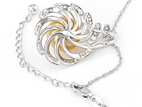 Golden Cultured South Sea Pearl And White Topaz Accents Rhodium Over Sterling Silver Pendant