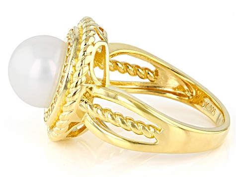 White Cultured Freshwater Pearl And White Zircon 18k Yellow Gold Over Sterling Silver Ring