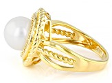 White Cultured Freshwater Pearl And White Zircon 18k Yellow Gold Over Sterling Silver Ring