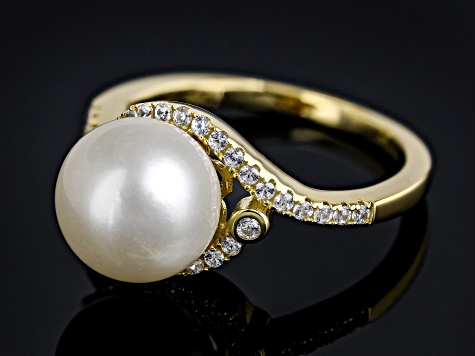 White Cultured Freshwater Pearl and White Zircon 18k Yellow Gold Over Sterling Silver Ring