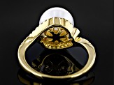 White Cultured Freshwater Pearl and White Zircon 18k Yellow Gold Over Sterling Silver Ring