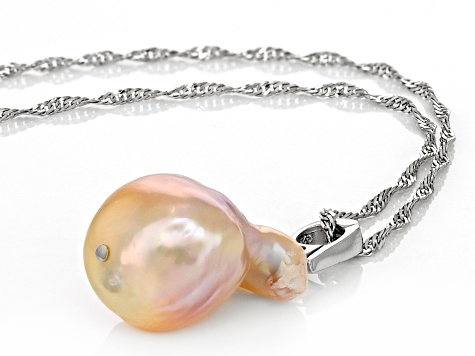 Genusis™ Pink Cultured Freshwater Pearl Rhodium Over Sterling Silver Pendant And Chain