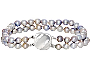 Platinum Cultured Japanese Akoya Pearl Rhodium Over Sterling Silver Multi-Row Bracelet