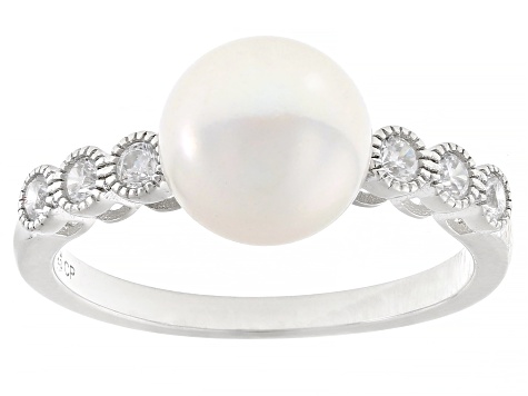 White Cultured Freshwater Pearl and Cubic Zirconia Rhodium Over Sterling Silver Ring