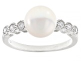 White Cultured Freshwater Pearl and Cubic Zirconia Rhodium Over Sterling Silver Ring