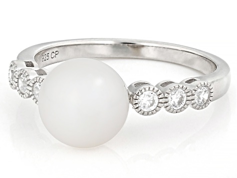 White Cultured Freshwater Pearl and Cubic Zirconia Rhodium Over Sterling Silver Ring